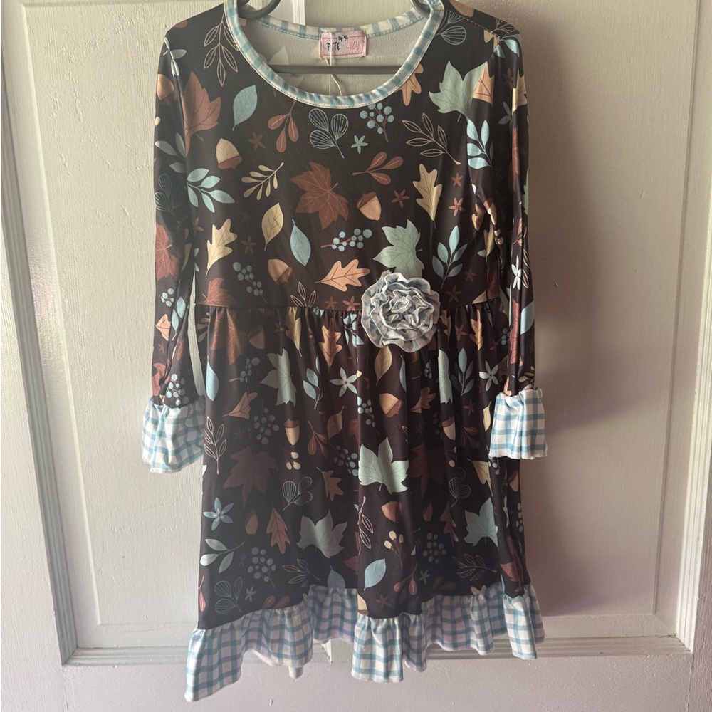 Floral Patterned Kids Casual Dress - Brown and Blue